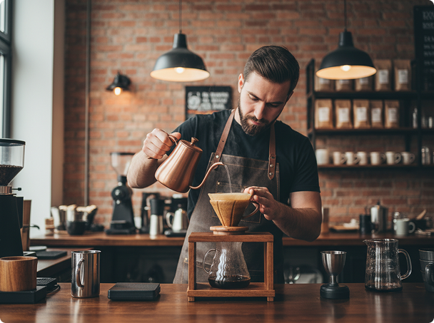 Barista brygger kaffe i Cortado-butikken